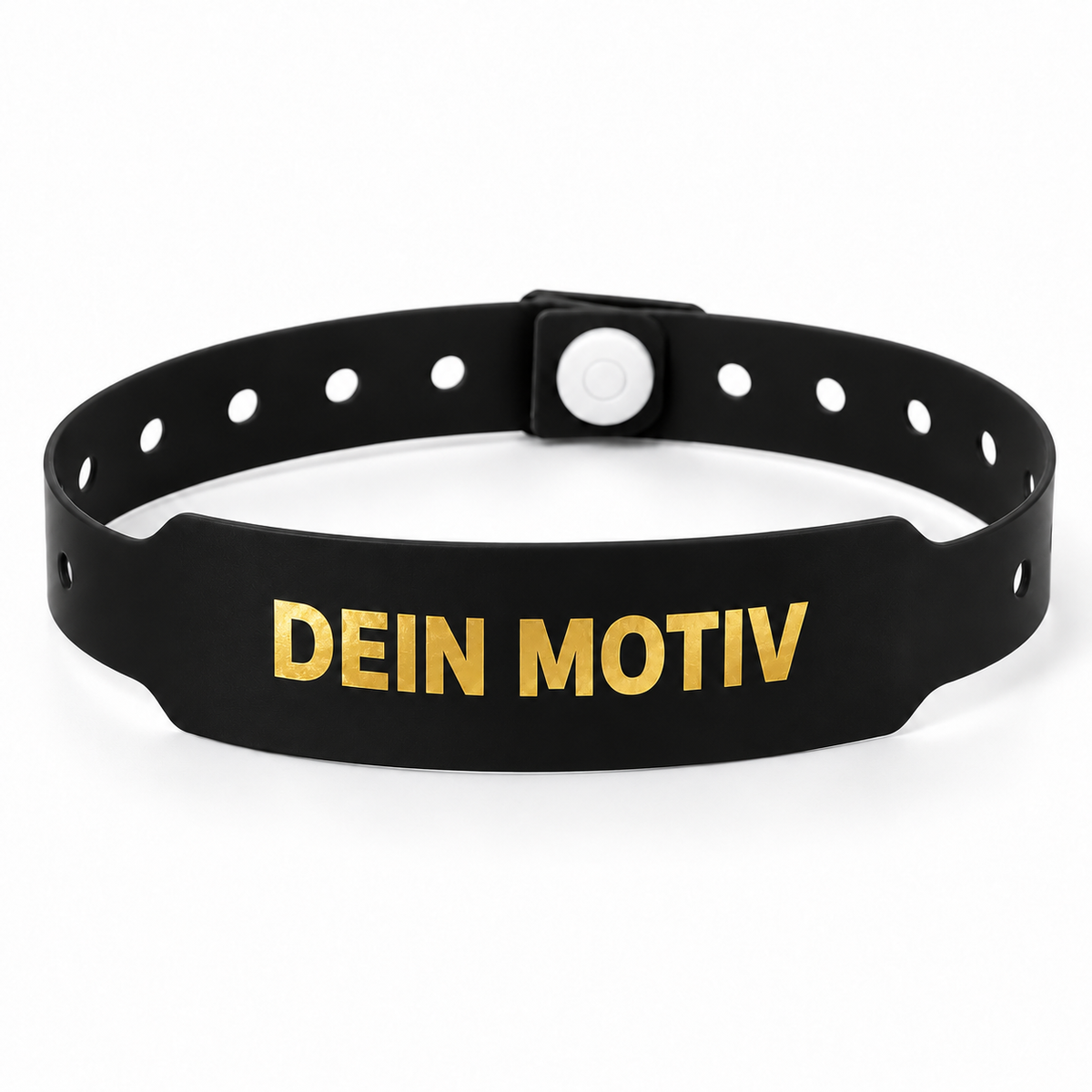 Schwarzes Vinyl-Einlassbändchen mit goldenem Beispielaufdruck „Dein Motiv“ und Sicherheitsdruckverschluss – eigene Visualisierung