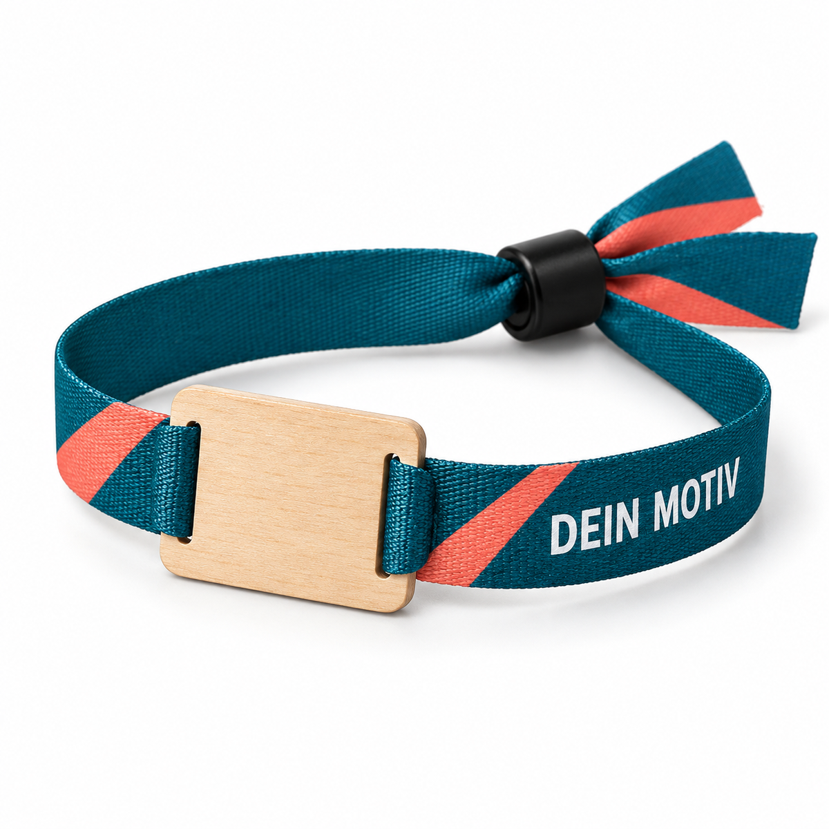 NFC-Stoffbändchen mit unbedrucktem Chip holz eckig und Beispielmotiv „Dein Motiv“ – eigene Visualisierung