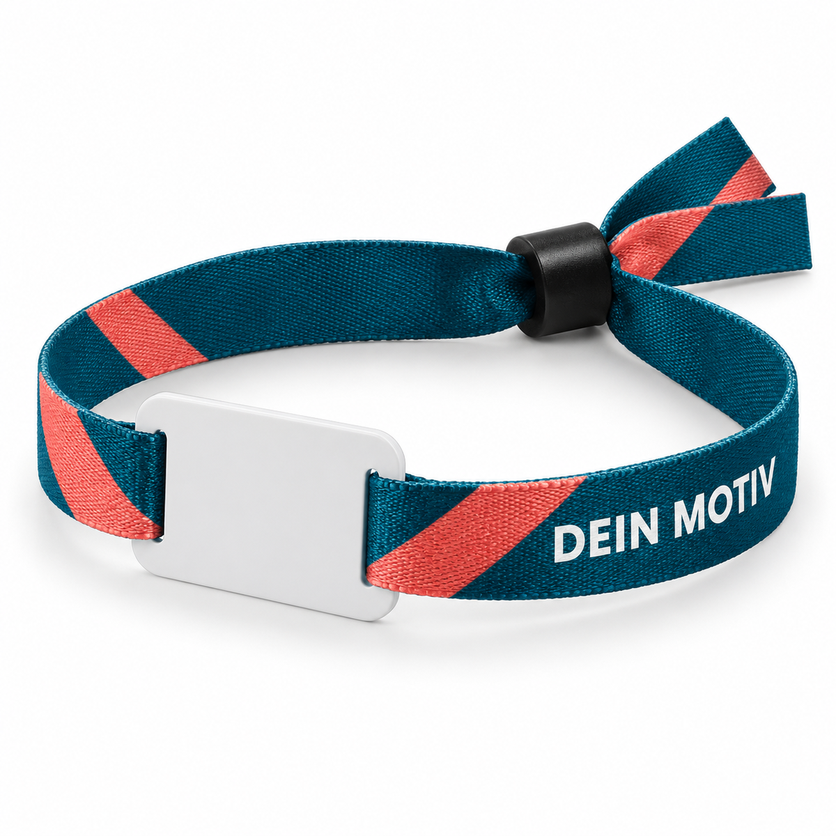 NFC-Stoffbändchen mit unbedrucktem Chip kunststoff eckig und Beispielmotiv „Dein Motiv“ – eigene Visualisierung