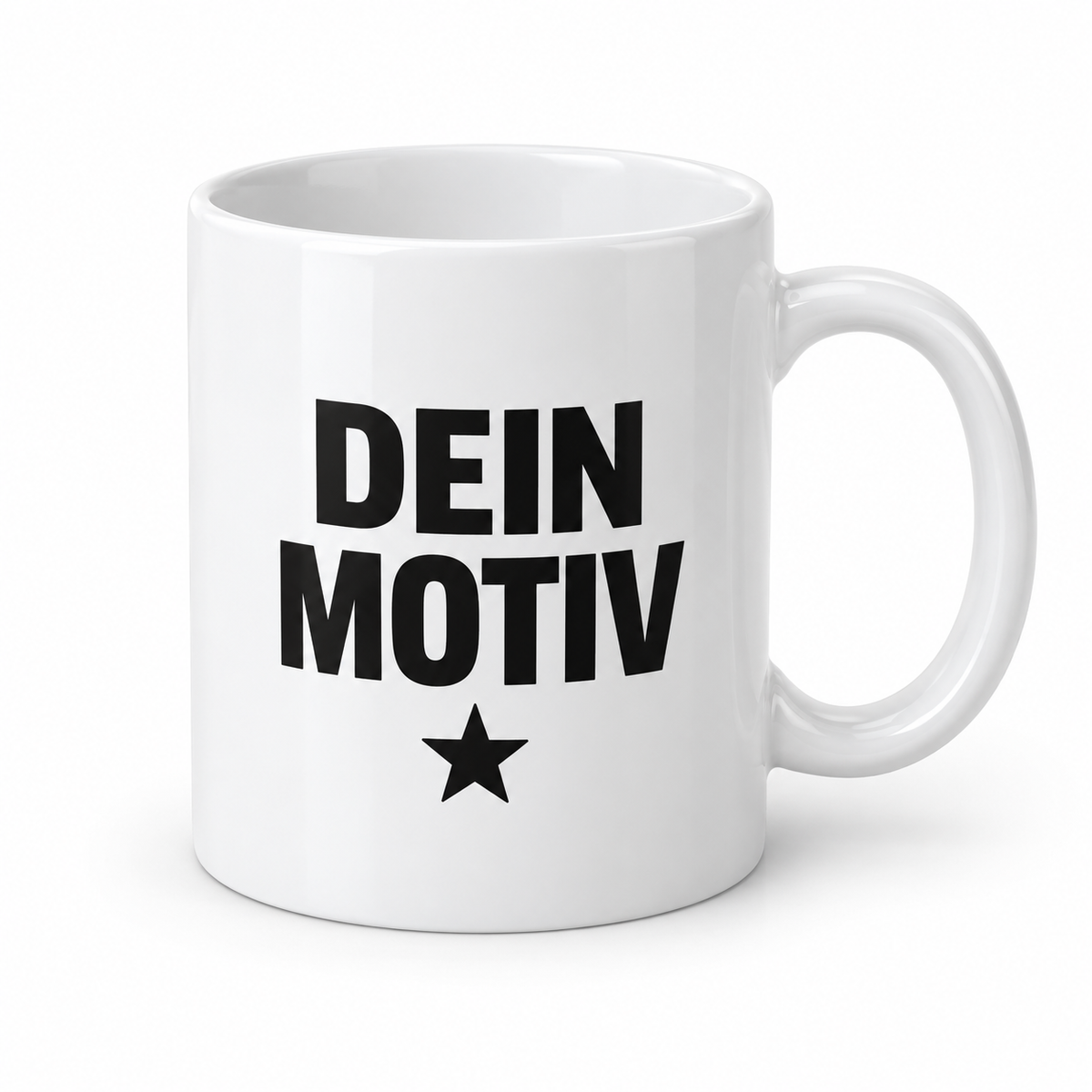 Werbetasse aus Keramik mit einfarbigem Druck und Beispielmotiv „Dein Motiv“ – eigene Produktvisualisierung