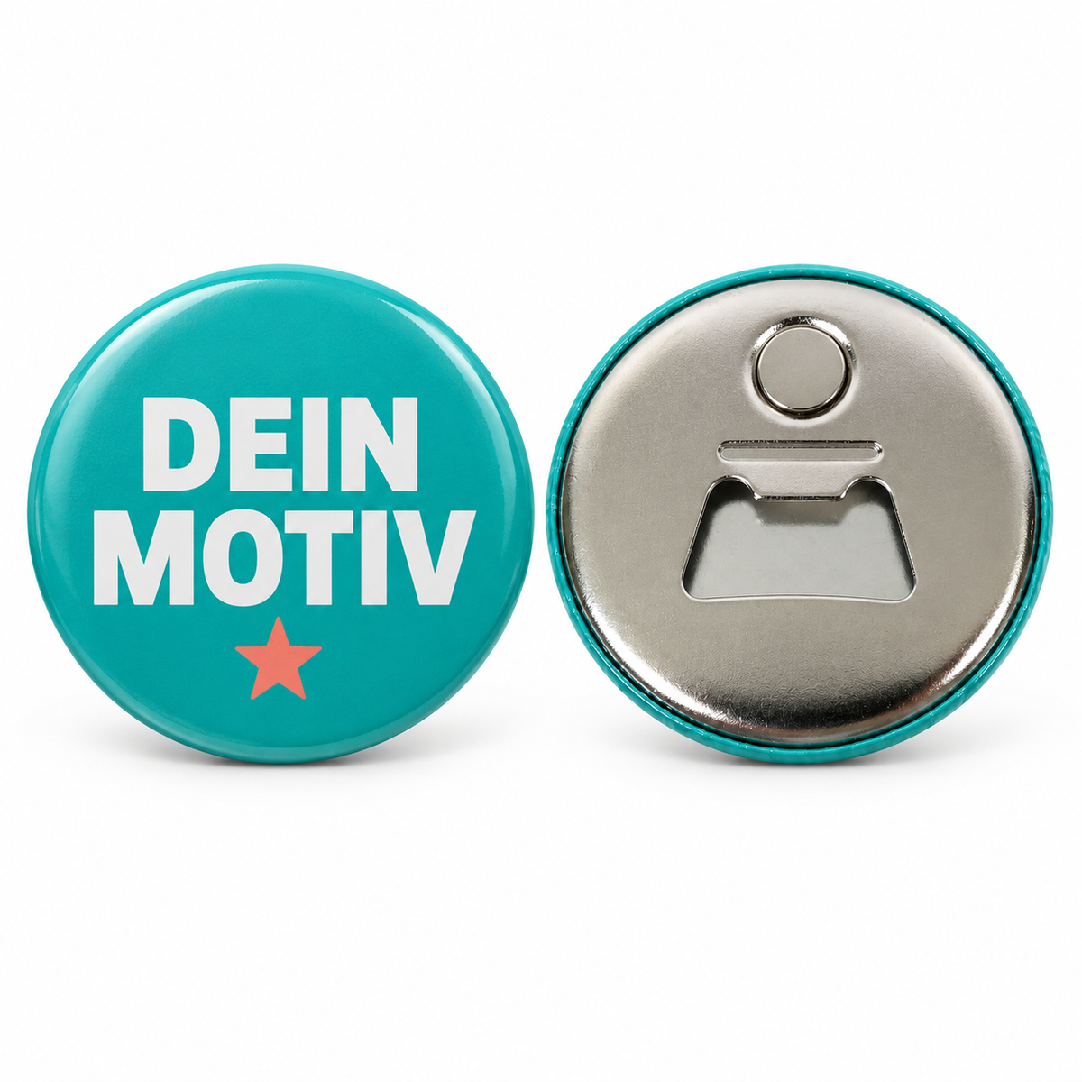 Button – Vorder- und Rückseite, Flaschenöffner mit Magnet – Produktvisualisierung