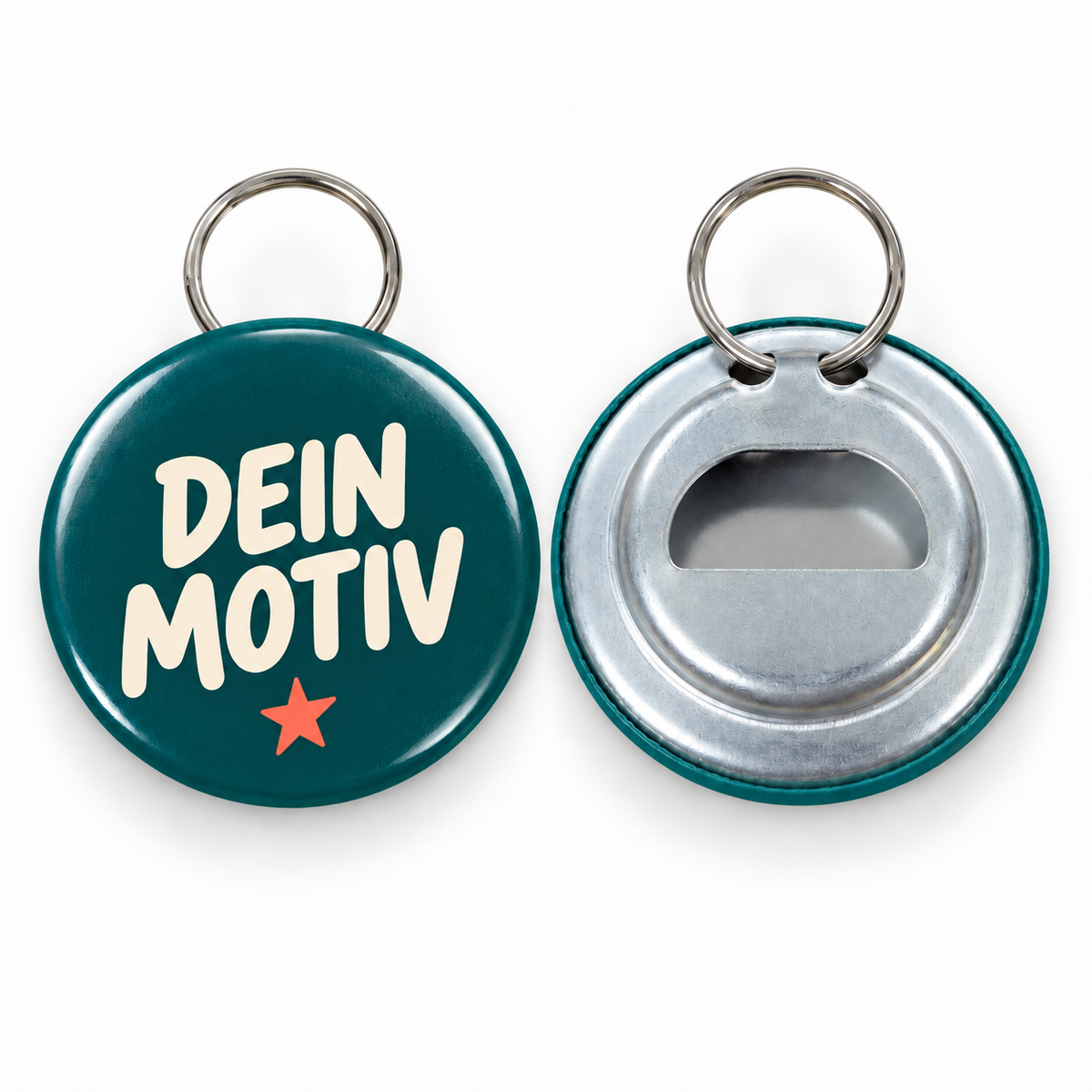 Button – Vorder- und Rückseite, Flaschenöffner mit Schlüsselring – Produktvisualisierung
