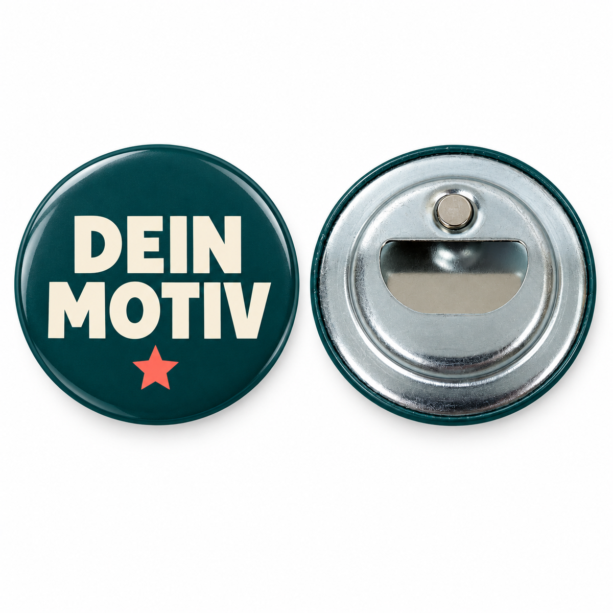 Button – Vorder- und Rückseite, Flaschenöffner mit Magnet USA – Produktvisualisierung