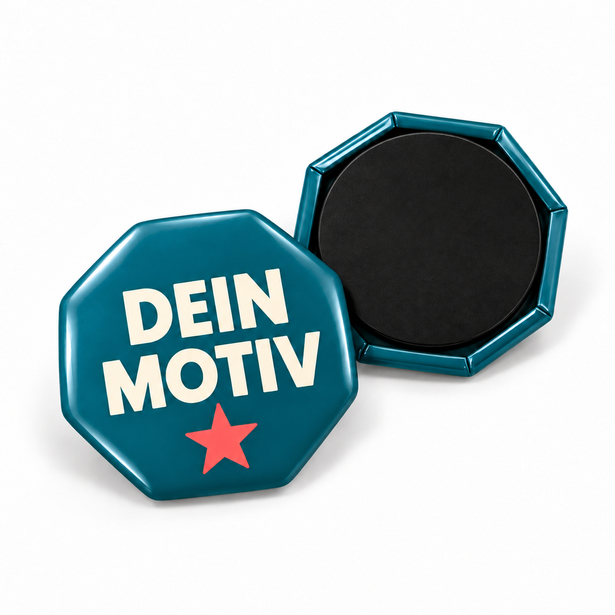 52x52mm Buttons mit Magnet – achteckig – Vorder- und Rückseite