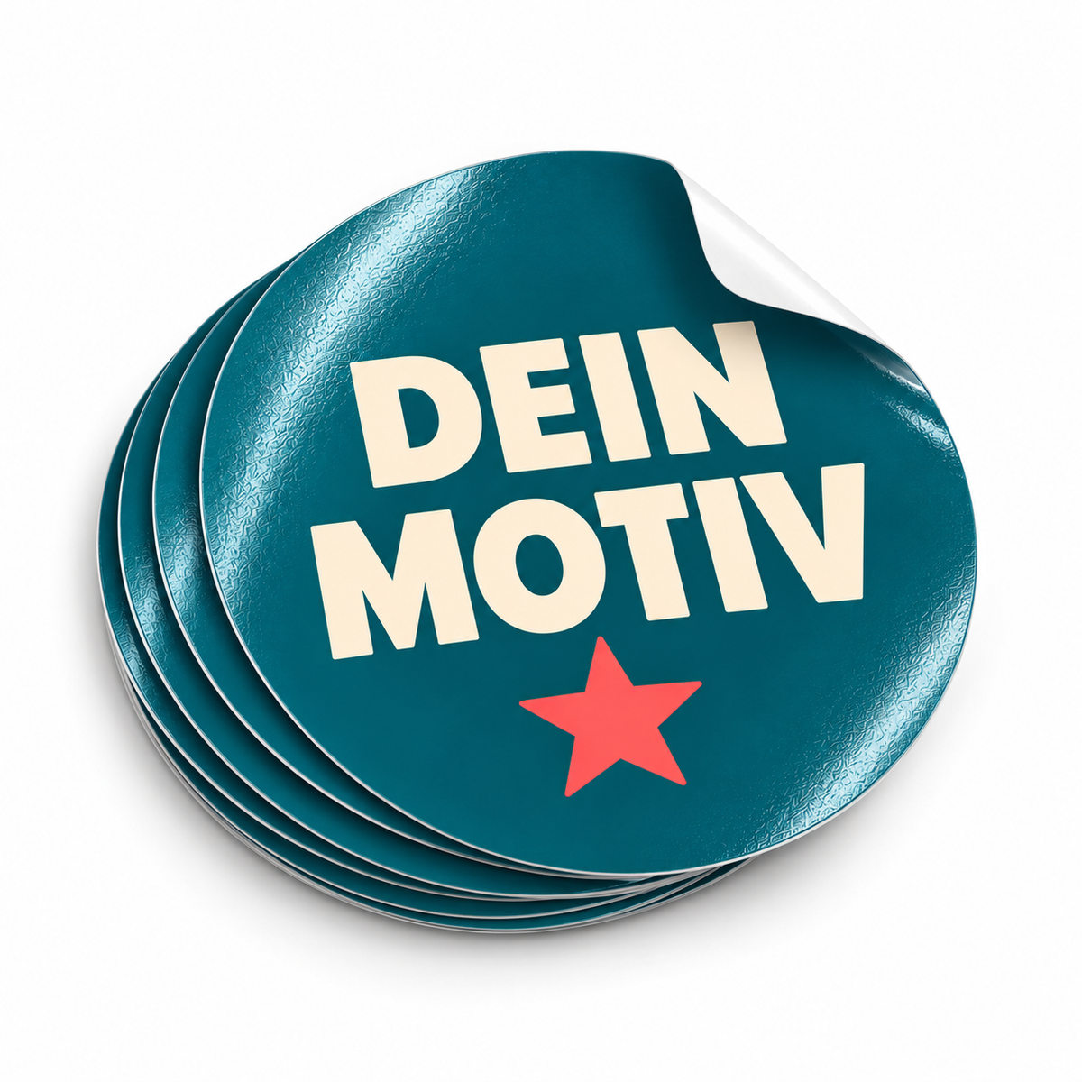 Runder Outdoor-Aufkleber mit dem Beispieltext „Dein Motiv“ – Produktvisualisierung