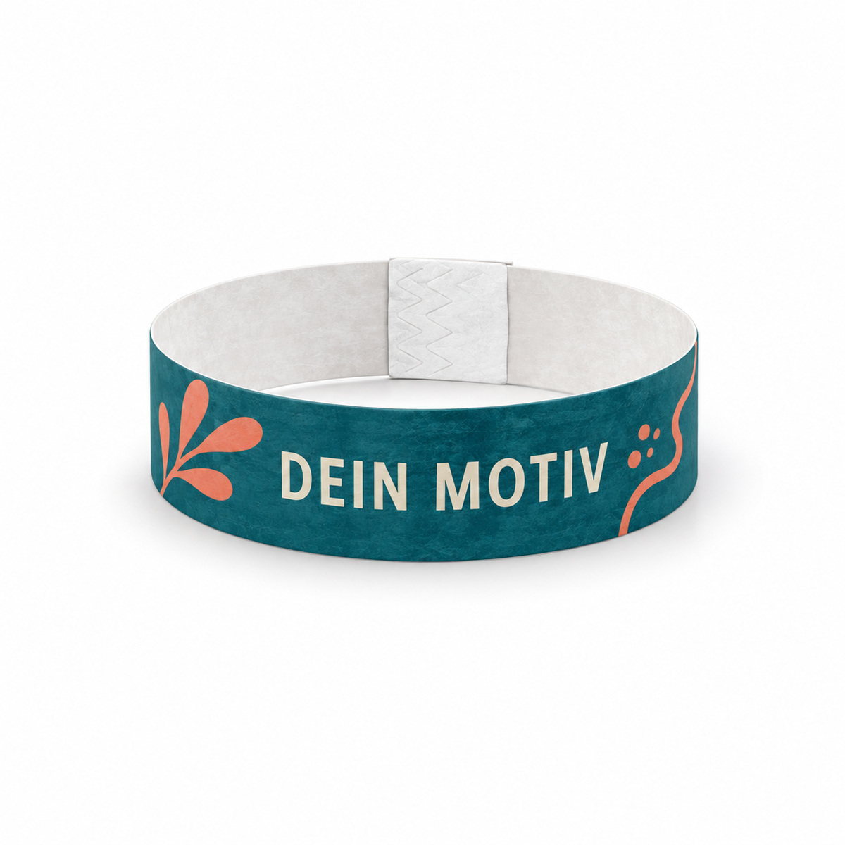 Tyvek-Einlassbändchen mit Beispielmotiv „Dein Motiv“ und Klebeverschluss – eigene Visualisierung