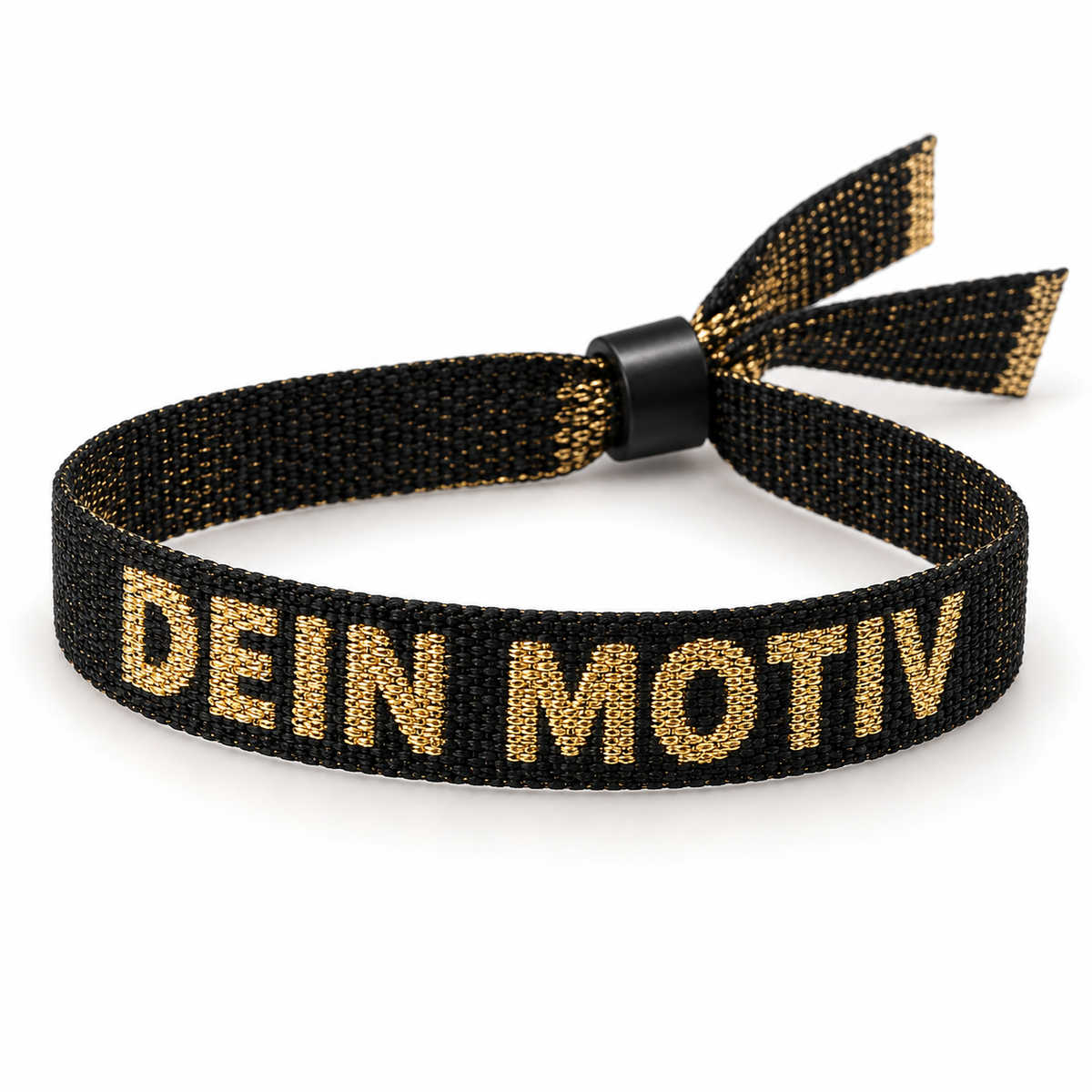 Gewebtes Festivalbändchen mit Metallic-Garn gold und Beispielmotiv „Dein Motiv“ – eigene Visualisierung