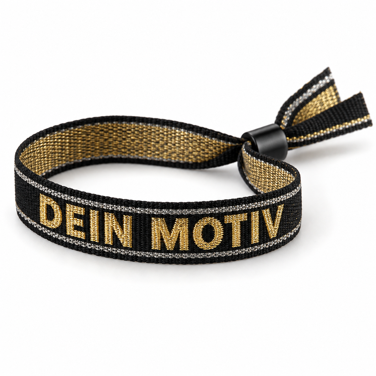 Gewebtes Festivalbändchen mit Metallic-Garn gold und silber und Beispielmotiv „Dein Motiv“ – eigene Visualisierung