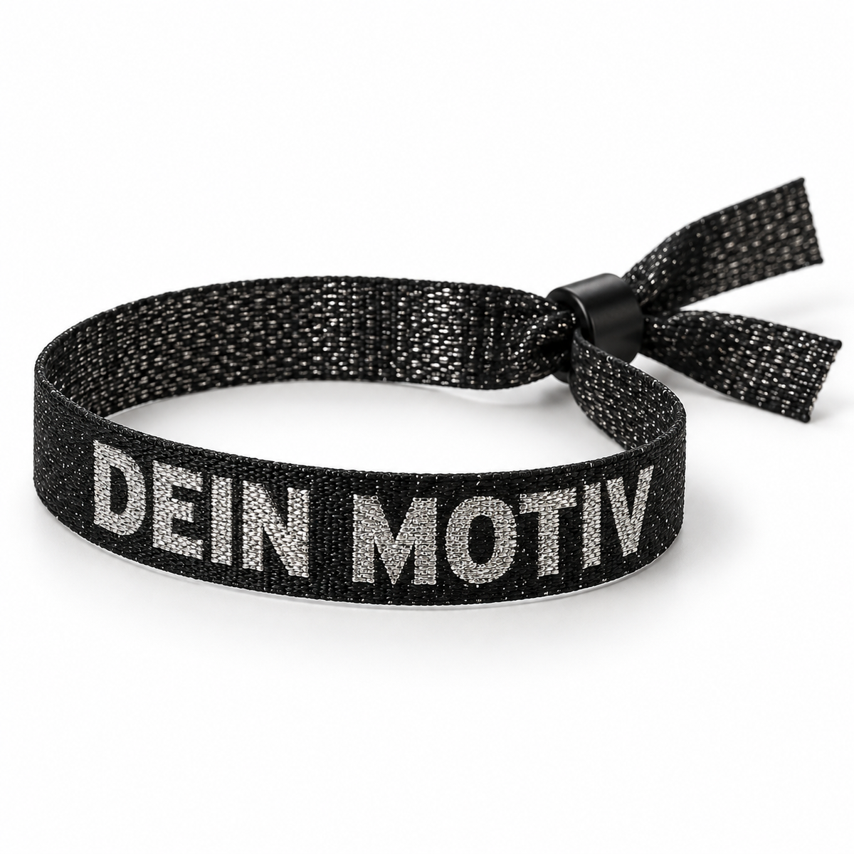 Gewebtes Festivalbändchen mit Metallic-Garn silber und Beispielmotiv „Dein Motiv“ – eigene Visualisierung