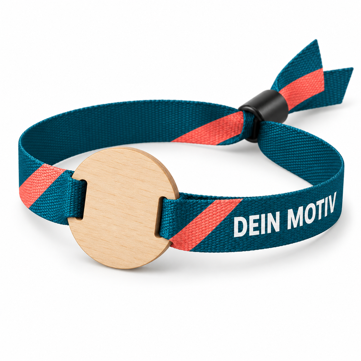 NFC-Stoffbändchen mit unbedrucktem Chip holz rund und Beispielmotiv „Dein Motiv“ – eigene Visualisierung