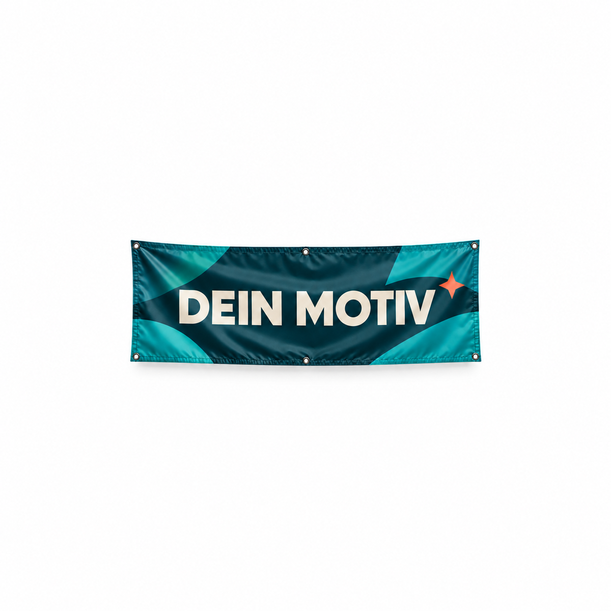 Werbeplane mit petrolfarbenem Beispielmotiv „Dein Motiv“ und Metallösen – Produktvisualisierung