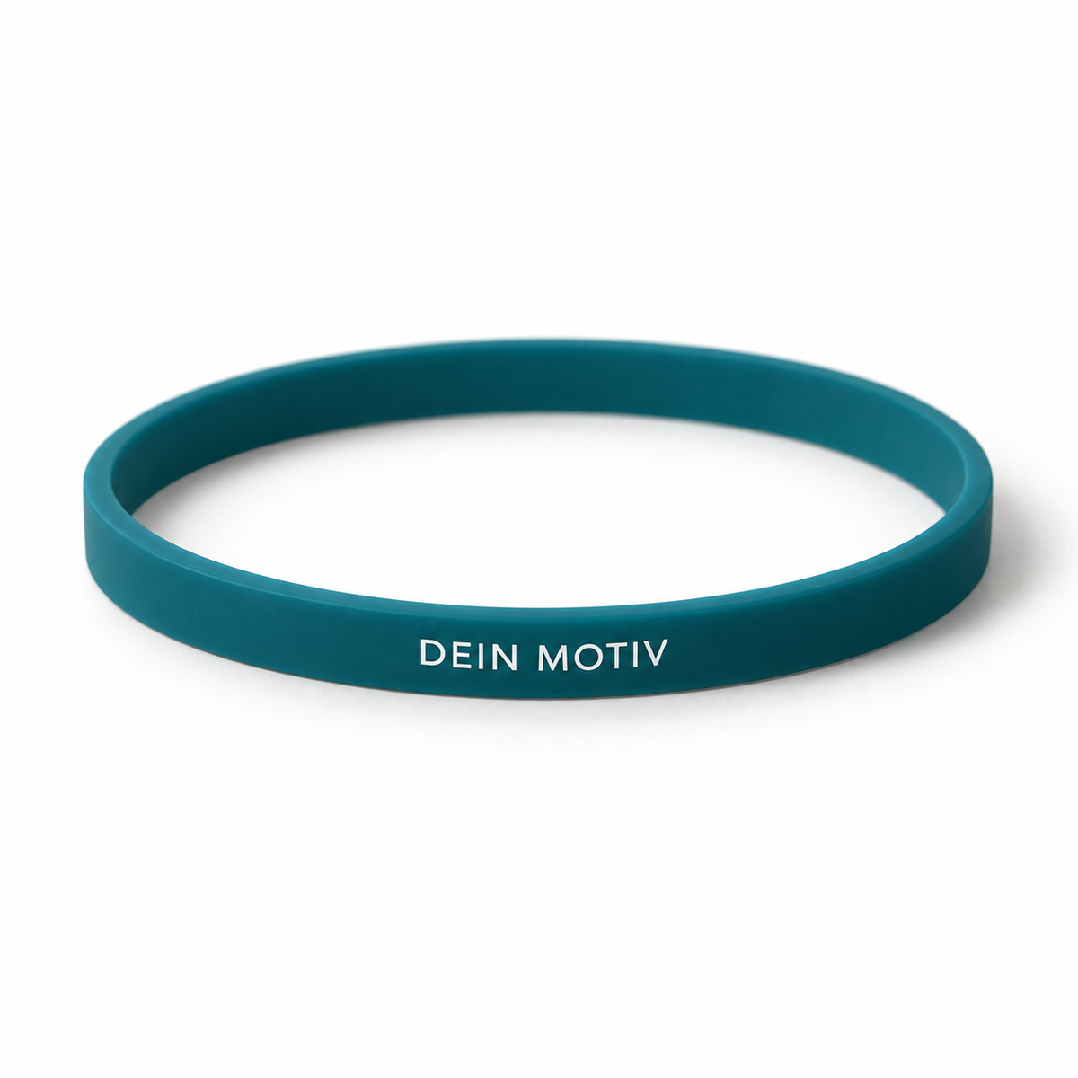 Schmales Silikonarmband mit weißem Beispielmotiv „Dein Motiv“ – eigene Produktvisualisierung
