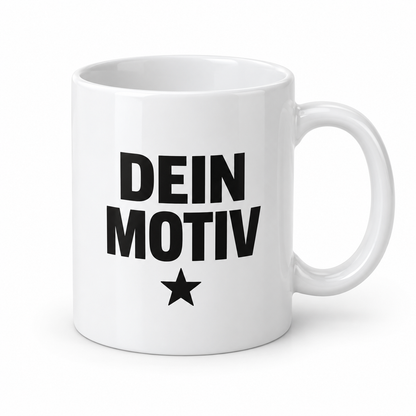 Werbetasse aus Keramik mit einfarbigem Druck und Beispielmotiv „Dein Motiv“ – eigene Produktvisualisierung