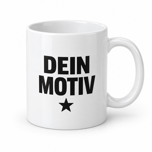 Werbetasse aus Keramik mit einfarbigem Druck und Beispielmotiv „Dein Motiv“ – eigene Produktvisualisierung