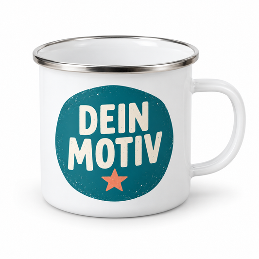 Emailletasse mit silbernem Rand und Beispielmotiv „Dein Motiv“ – eigene Produktvisualisierung