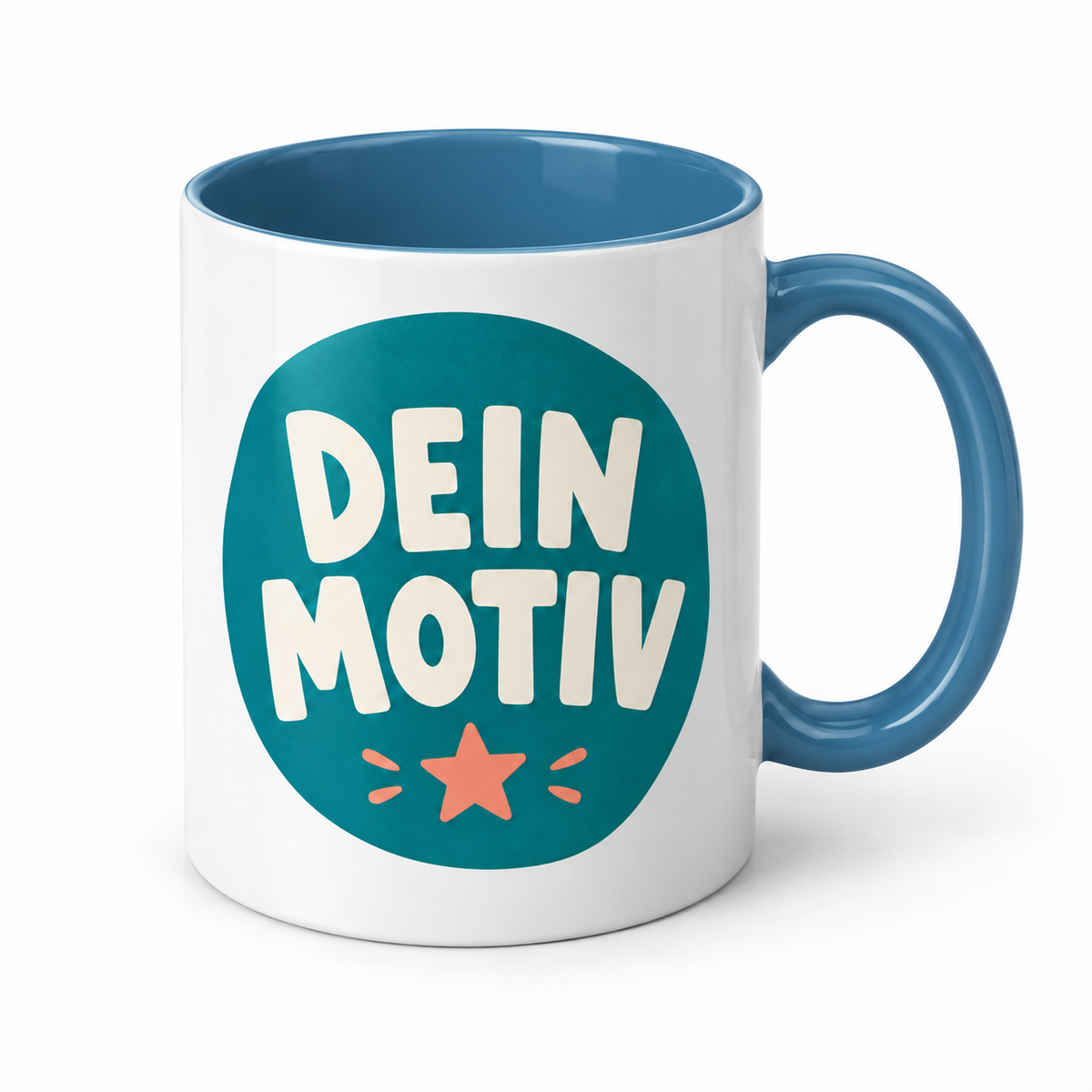 Fototasse weiß mit blauer Innenfläche und farbigem Henkel – eigene Visualisierung