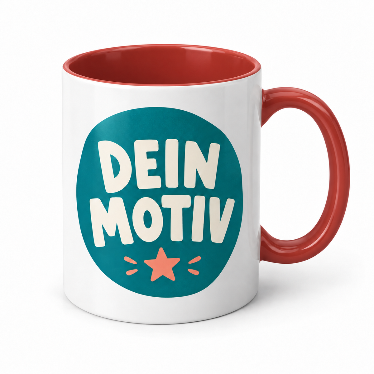 Fototasse weiß mit roter Innenfläche und farbigem Henkel – eigene Visualisierung