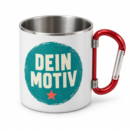 Edelstahltasse mit rotem Karabinergriff und Beispielmotiv „Dein Motiv“ – eigene Produktvisualisierung