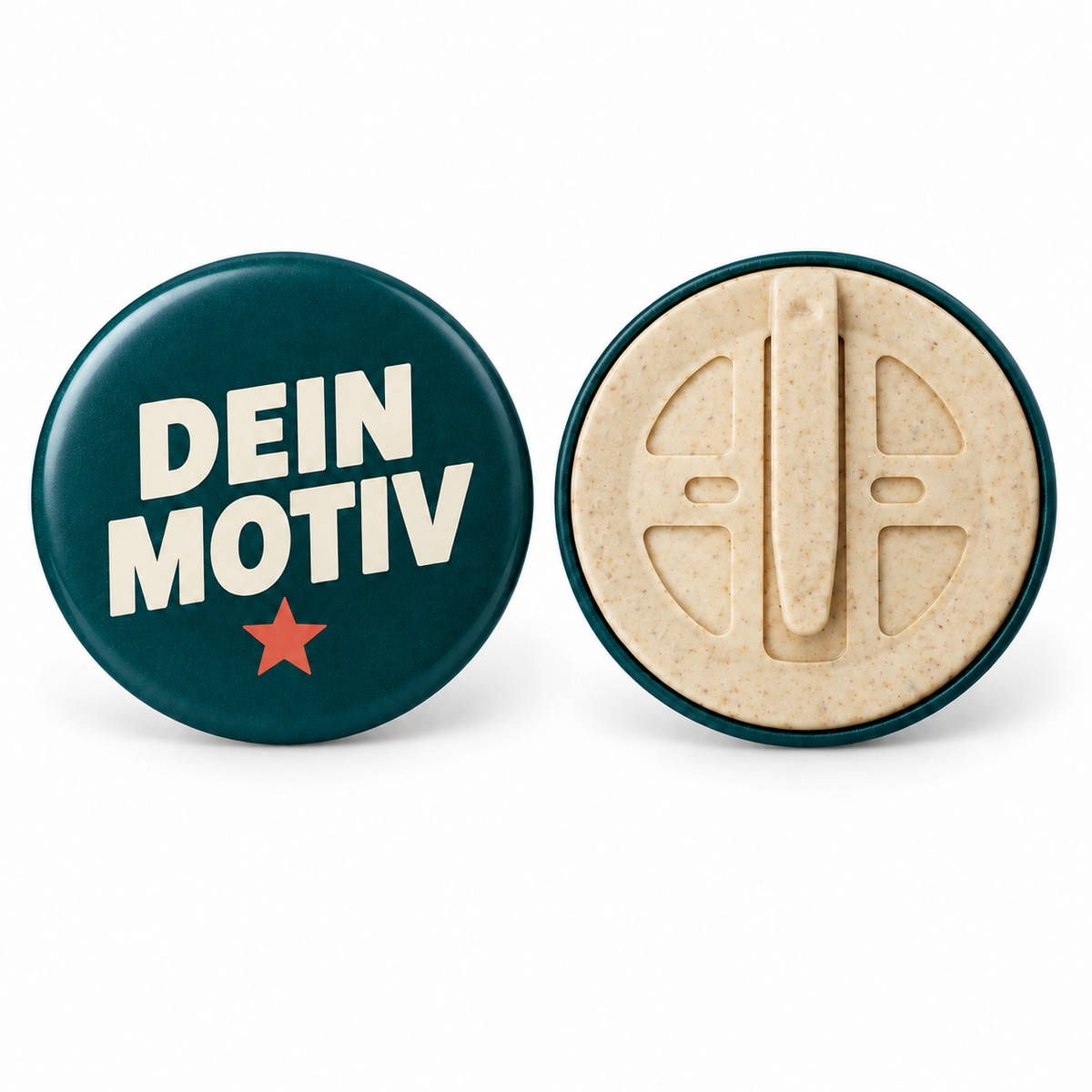 Button – Vorder- und Rückseite, Biobutton mit Clip – Produktvisualisierung