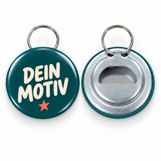 Button – Vorder- und Rückseite, Flaschenöffner mit Schlüsselring – Produktvisualisierung