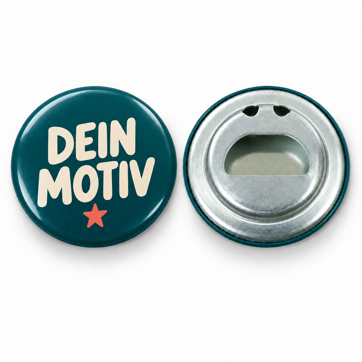 Button – Vorder- und Rückseite, Flaschenöffner – Produktvisualisierung