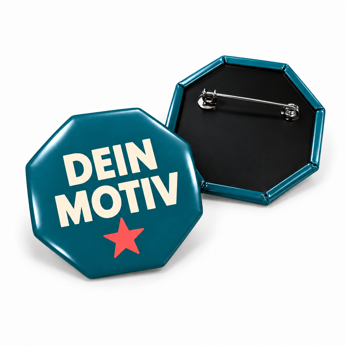 52x52mm Buttons mit Nadel – achteckig – Vorder- und Rückseite