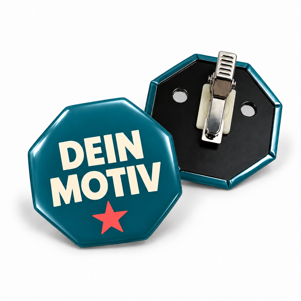 52x52mm Buttons mit Clip – achteckig – Vorder- und Rückseite