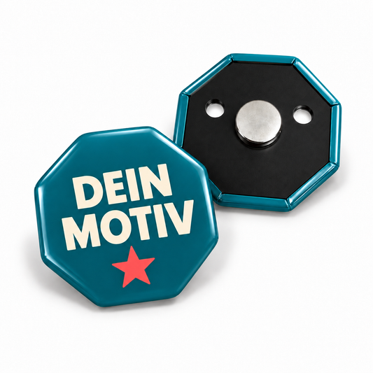 52x52mm Buttons mit Powermagnet – achteckig – Vorder- und Rückseite