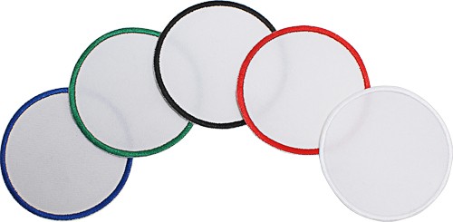 Runder Aufnäher (7,5cm) mit gesticktem Rahmen, inkl. Druck Vollfarbiger Druck möglich, schwarzer Ran